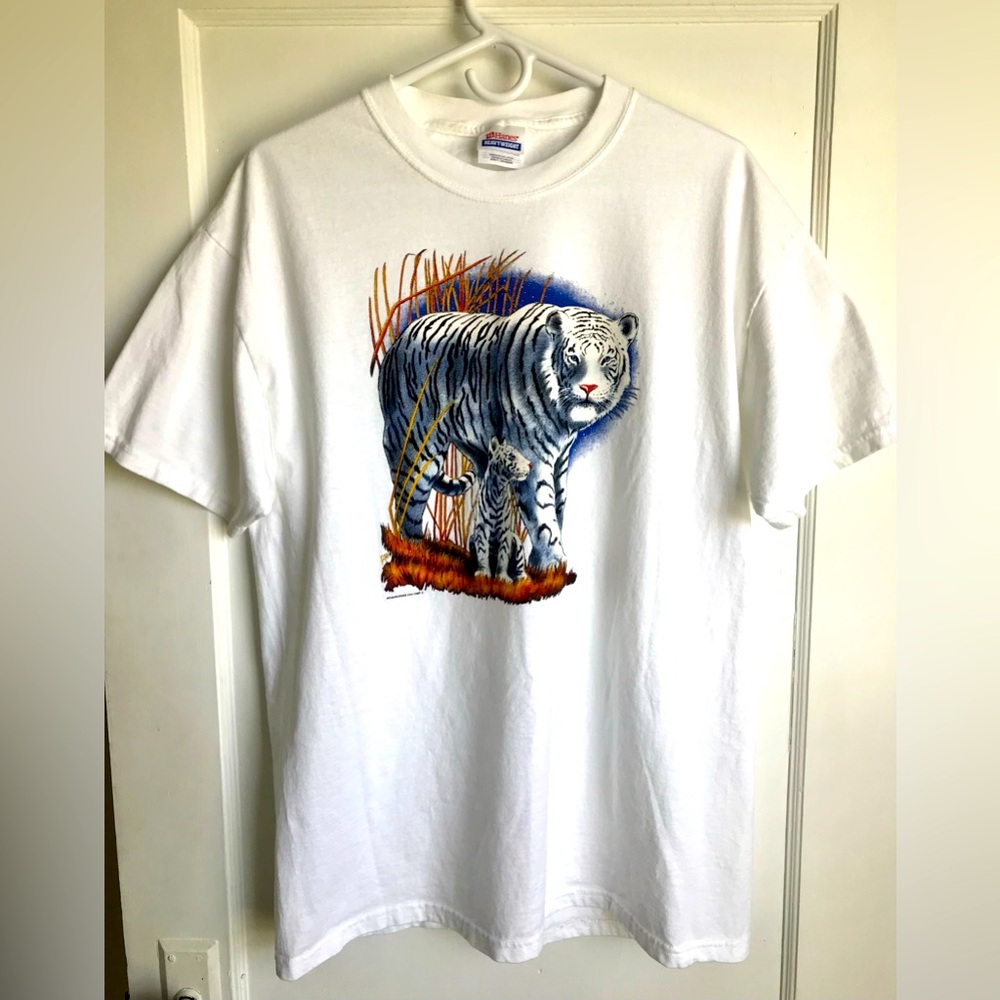 Vintage Hanes Heavyweight White Tigers Graphic T-Shirt Mens Size Large